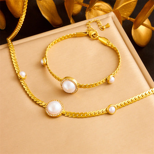 Women's Pearl Necklace <b>Bracelet</b> <b>Set</b> Gold Plated Chain Bezel Setting Party Jewelry Fine Jewelry <b>Set</b> - Product Image 1