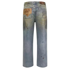 <span class=keywords><strong>Pantalones</strong></span> vaqueros viejos teñidos de barro sucio de moda popular con diseño roto <span class=keywords><strong>pantalones</strong></span> de pierna ancha sueltos de estilo callejero de primavera para hombres al por mayor - Product Image 2
