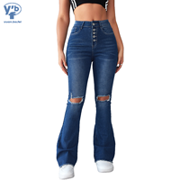 YUANBOFEI Jean Baggy Bleu Femme Taille Mi-Haute Délavé Coupe Évasée Effet Usé Jean Slim Ample Denim Streetwear YKK