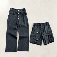 YUCHEN Jean short en denim ciré coupe bootcut vintage personnalisé, taille double couche, style streetwear ample, rock revival pour homme