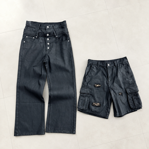 YUCHEN Jeans Jorts da Uomo in Denim Cerato Stile Rock Revival, Vestibilità Larga Streetwear, con Lavaggio Vintage Personalizzato e Cintura a Doppio Strato, Modello Boot Cut - Product Image 1