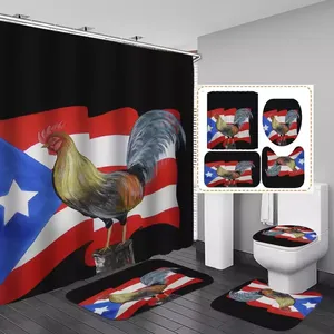プエルトリコの旗トイレセットカエルファームオンドリプリントポリエステル防水シャワーカーテン