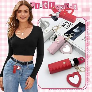 <b>Custom</b> Lipstick Holder <b>Keychain</b> with Mirror,PU Leather Portable Lipsticks Holder, Soft Leather Portable Lipstick Pouch Key Ring - Product Image 3