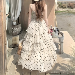 Yüksek kalite lüks katmanlı fırfır uzun elbise yaz Polka Dot baskılı kadınlar rahat elbise V boyun seksi Maxi moda parti elbise - Product Image 2