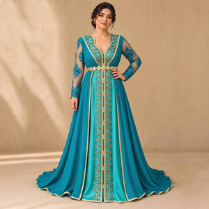 Caftán Marroquí Elegante y Transpirable con Bordado Dorado, Manga Larga, Espalda Drapeada, Maxi, 100% Poliéster para Mujer, Ropa de Fiesta y Noche - Product Image 1