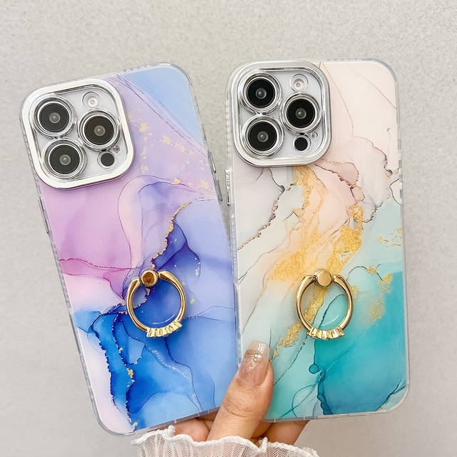 IMD Electroplated Marble Texture Phone Case for iPhone 14 15 16 Gradient Back Cover With Kickstand Holder for Samsung S25 Ultra