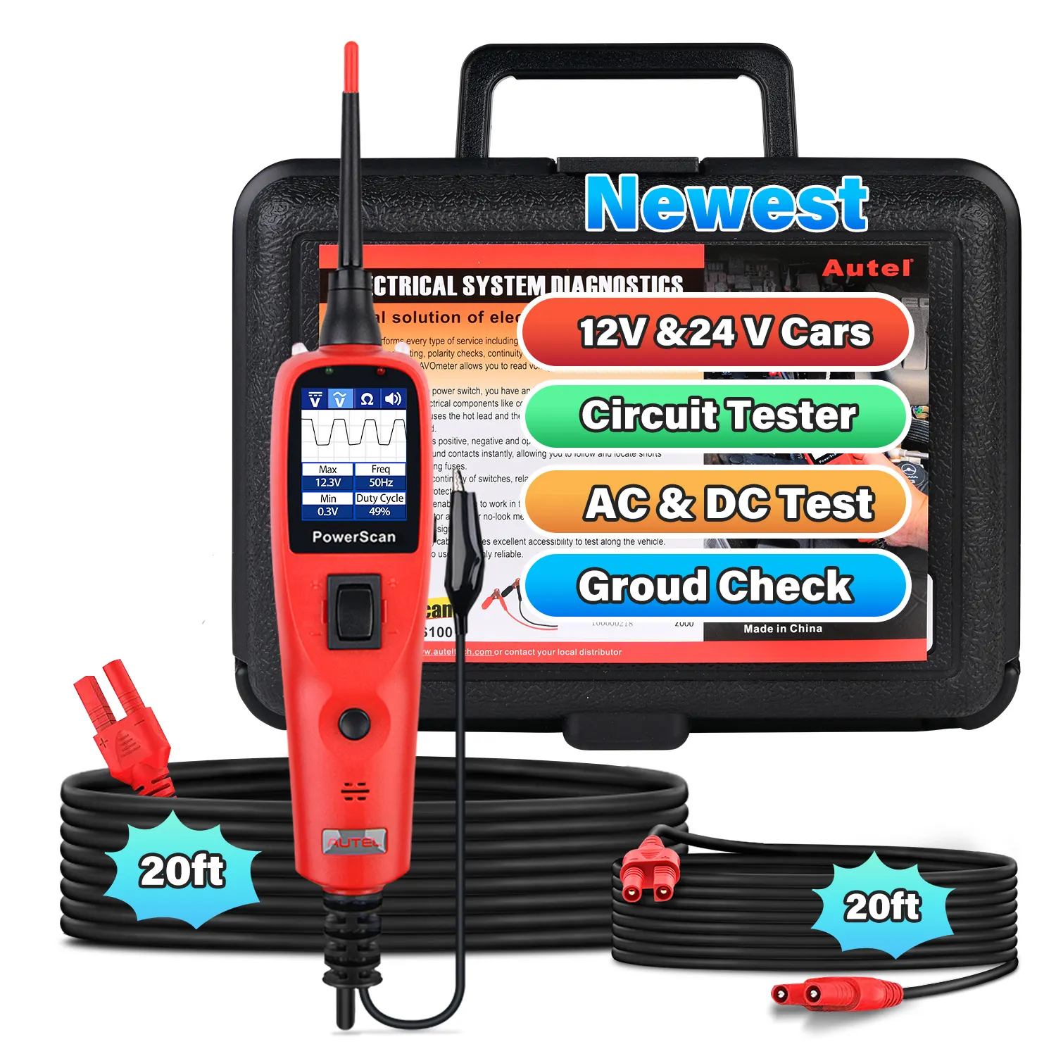 Autel PowerScan PS100 alat diagnostik sirkuit Otomotif Mobil 12V 24V sistem listrik Altar penguji baterai tegangan AC DC