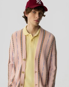 春夏男士细条纹针织开衫粉色棉质长袖V领前扣多色毛衣OEM - Product Image 1