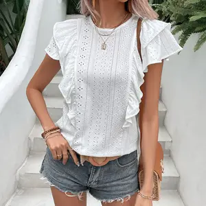 Blusa de manga corta con cuello redondo para mujer, camiseta informal para mujer, ropa de oficina elegante, Tops 2023