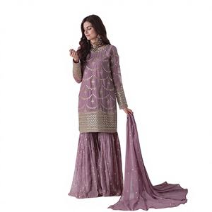 Sharara Gharara con Bordado Indio, Reversible para Invierno, para Fiestas, Cosido en Georgette, Largo Midi, Diseño de Alta Costura, Listo para Usar - Product Image 1