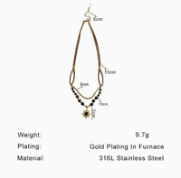 Collier pour femme en acier inoxydable Maillard style vintage, avec pierre naturelle soleil couchant, chaîne en cuir velours et perles