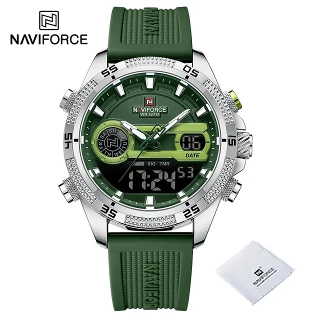 NAVIFORCE 9223 Relógio de pulso masculino com pulseira de silicone original esportivo casual, resistente à água e LED de quartzo, relógio luminoso com tela dupla