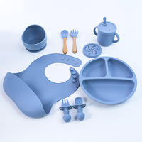 Ensemble repas bébé en silicone de qualité alimentaire, assiette à ventouse antidérapante, bavoir, tasse à bec, cuillère, fourchette, kit d'autonomie pour nourrisson, en stock