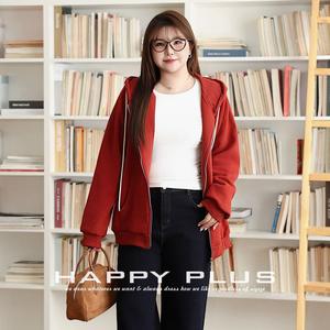 Sudadera con Capucha de Felpa Gris Happy Plus con Cremallera Rosa, Sudadera Informal para Mujer de Talla Grande, Chaqueta de Poliéster de Color Sólido N8809 - Product Image 3