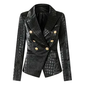 Blazer nero in pelle con motivo coccodrillo dal design unico per le donne bottoni a doppio petto giacche da strada in PU di lusso