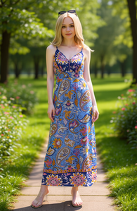 Abito Maxi Dolado con Spalline Sottili, Stampa Floreale, Vestibilità Ampia, Estivo, Casual, in Viscosa e Poliestere Traspirante per Donna - Product Image 2