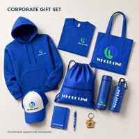 Ensemble cadeau d'entreprise personnalisé avec logo, sweat-shirt imprimé en sérigraphie, t-shirt, casquette, sac fourre-tout, bouteille d'eau, carnet, stylo, articles promotionnels