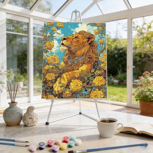 Songwoo - Lienzo para <span class=keywords><strong>Pintar</strong></span> <span class=keywords><strong>al</strong></span> Óleo, Diseño de León Majestuoso y Elegante con Camelia Amarilla, Pintura por Números, Estilo Floral y Animal - Product Image 4