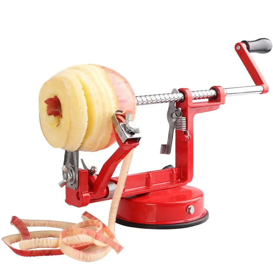 Descascador de aço inoxidável para apple, venda por atacado, vermelho 3 em 1, fatiador de apple core, máquina de corte, descascador