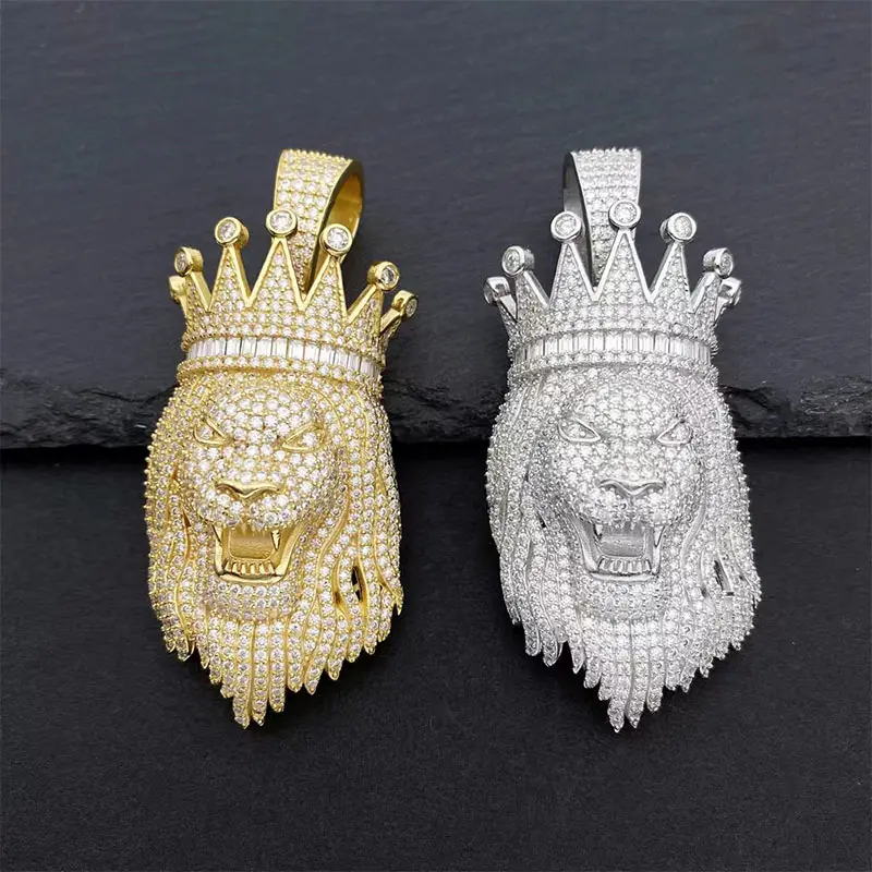 2023 Hot Sale Hip Hop Jewelry Gold Crown Silver 925 Moissanite Lion Head Pendant for men