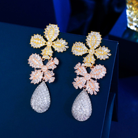 Boucles d'oreilles pendantes longues en forme de feuille, plaquées or, multi-tons, avec zircon cubique, de luxe, pour mariage, fête, accessoire de bijouterie de mariée