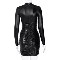 Langarm Plissee Mini kleid Leder Enge Sexy Club Wear Damen Herbst Streetwear