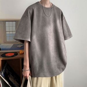 Men's Retro Summer American Style T Shirt Suede Casual Loose Fit Half Sleeved Basic Blank Short <b>Sleeve</b> T Shirts 230g - Product Image 4
