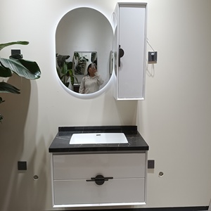 New <b>white</b> compact bathroom cabinet with side <b>mirror</b> cabinet <b>white</b> washbasin and suspended cabinet body - Product Image 1