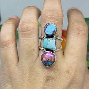 แหวนพลอยเทอร์ควอยส์สีเงินสเตอร์ลิงทำด้วยมือแหวนของขวัญแต่งงานหรือปาร์ตี้สีธรรมชาติ925 - Product Image 4