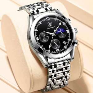 Montre POEDAGAR 820, chronographe décontracté pour homme, acier inoxydable, bracelet en cuir, montre-bracelet de style business, mouvement à quartz, aiguilles lumineuses - Product Image 1
