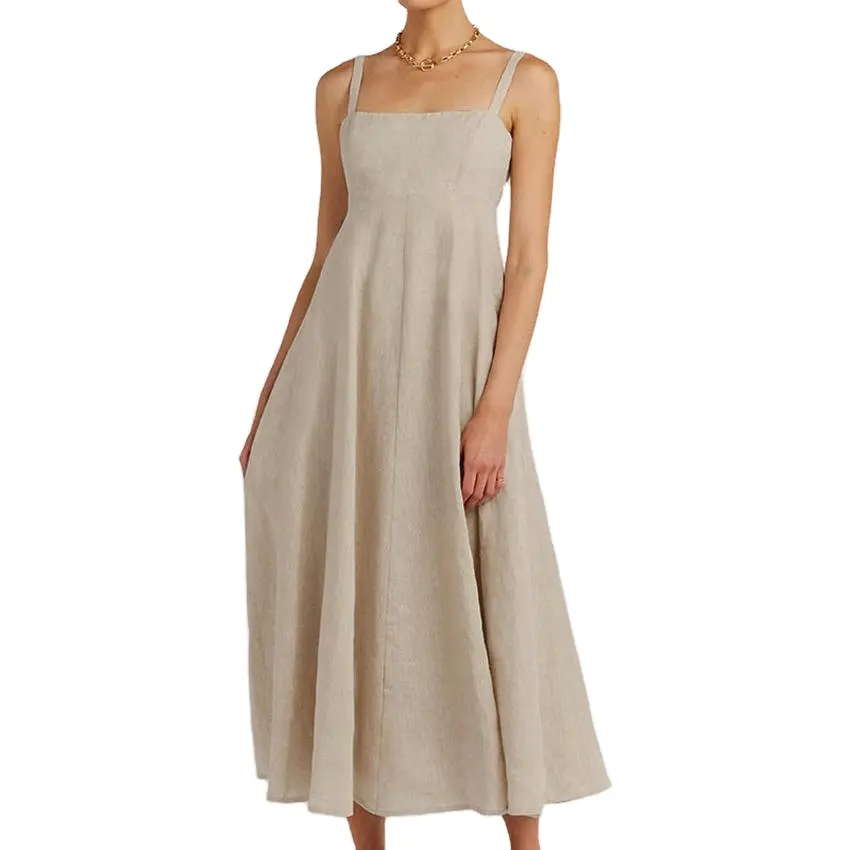 New Design Maxi Women Dress Cotton Summer Long Dress Loose A-Line Linen Vintage Casual Vacation Spaghetti Strap Dresses