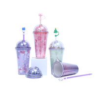 Gobelet en Plastique à Double Paroi Transparent Pailleté, Tasses Réutilisables pour Bubble Tea, Tasses à Café en Plastique, Gobelet à Eau avec Couvercle et Paille