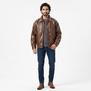 Leather <b>Sheepskin</b> Aniline Coated Zipper Men Varsity <b>Jacket</b> with Linen Lining Pockets Hooded for Autumn - Product Image 1