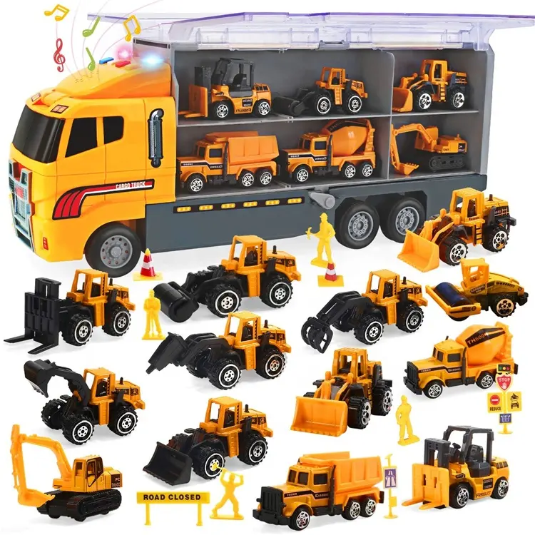Cute Stone 25 in 1 Easy Storage Construction Trucks Set Toy Cars Baby Game Play Diecast Toy Vehicles With Sounds & Lights