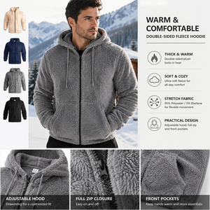 Men's Warm Plush Fleece Jacket Full <b>Zip</b> Hooded Sweatshirt Thick Soft Stretch Fabric Loose Fit Winter Daily Outdoor Outerwear - Product Image 3