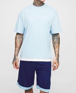 Light Blue Tall Oversized Official Faux Layer Hem T-Shirt & Airtex Basketball Short Set - Product Image 1