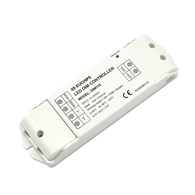 EUCHIPS 12-24V Input 180-350W 0-10V Dimmer Controller with Constant Voltage PWM Dimming IP20 Rated 15A Output