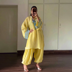 Ensemble indien pakistanais brodé jaune, coupe ample, en soie crêpe naturelle, séchage rapide, Kurta Palazzo, tenue traditionnelle, vêtements d'été pour - Product Image 1