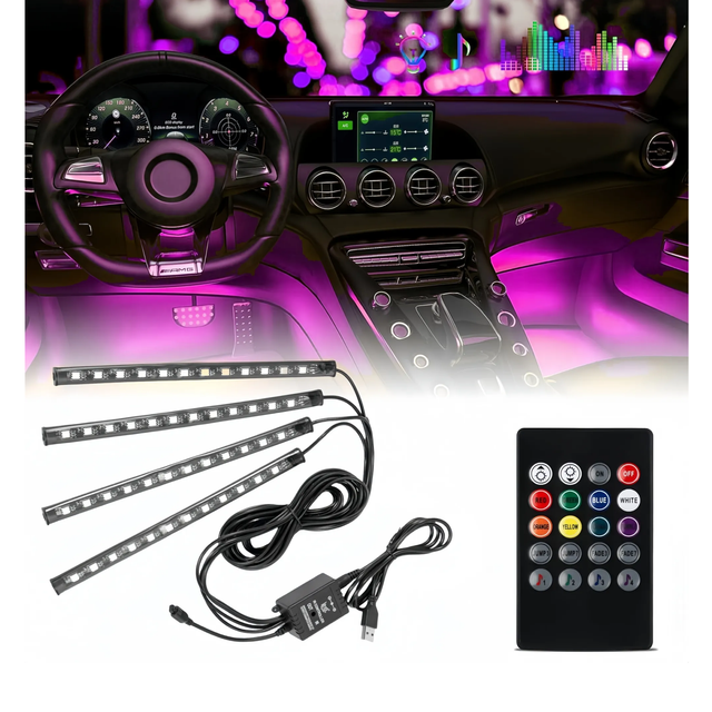 Car LED Lights Strip Interior, 12 High Brightness Lamp Beads, Automotive USB Atmosphere Light - Multicolor LED Light Bar 12V DC