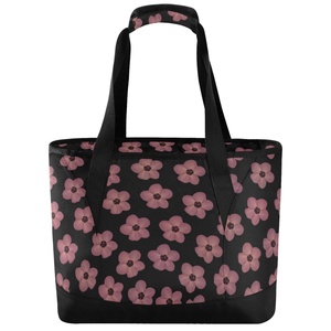 Sac isotherme réutilisable et étanche à motif floral hawaïen noir et rose, grand format, pour courses et déjeuner - Product Image 1