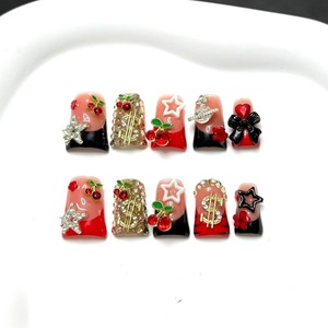 Faux ongles à presser en alliage rouge cerise, motif bec de canard, style French color block, faits main, pour manucure de Noël automne-hiver - Product Image 1