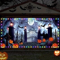 Bannière de porte de garage Halloween : Squelette de gentleman, dîner gothique effrayant, grand château. Housse de porte de garage personnalisable pour décoration extérieure.