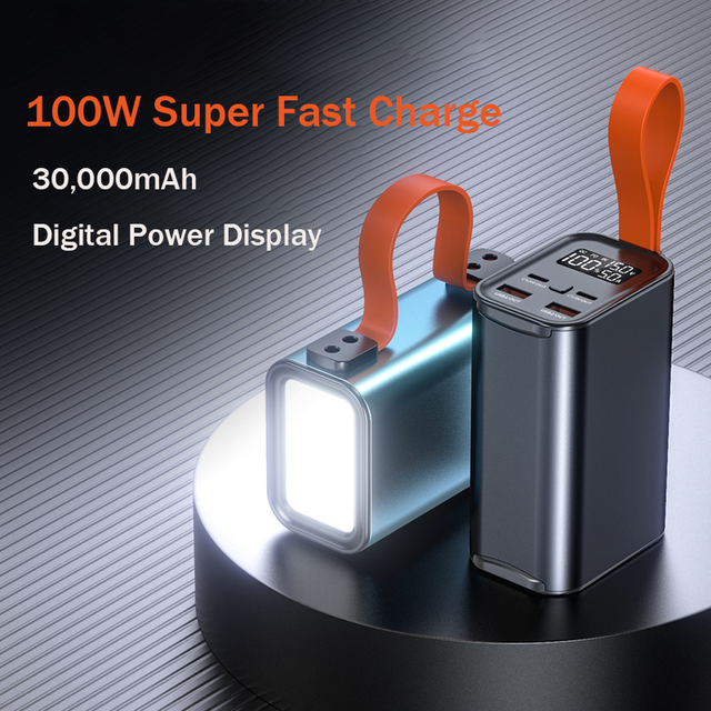 30000mAh 100W Power Bank for Laptop Outdoor Portable Charger with LED Camping Light