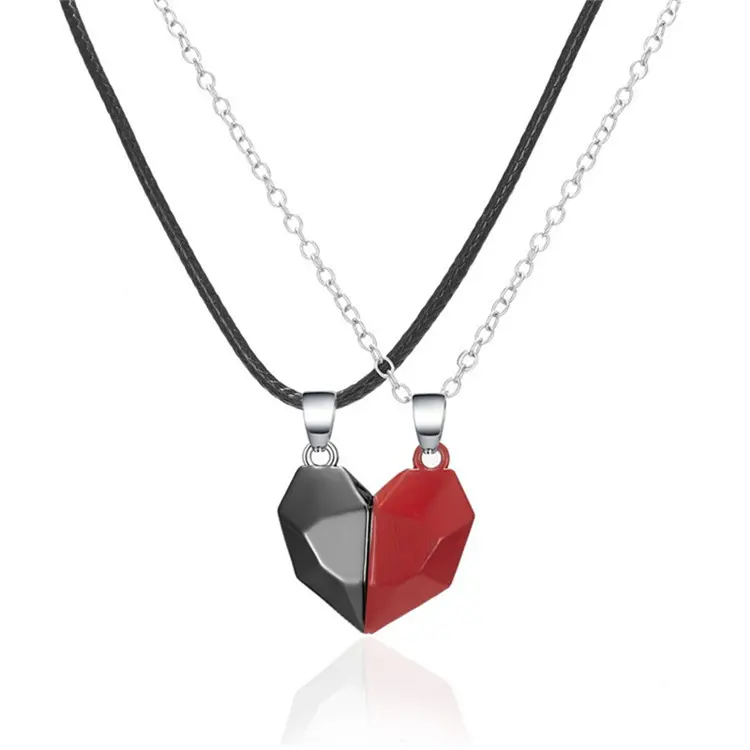 Newest Valentine'S Day Love Heart Necklace Black White Stone Magnetic Couple Necklace Jewelry