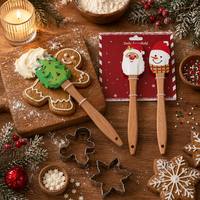 Lot de 3 spatules de Noël en silicone avec manche en bois de chêne, motifs sapin, Père Noël et bonhomme de neige, grattoir de pâtisserie, kit d'outils de cuisine