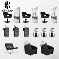 Ensemble de mobilier de salon de coiffure au design attrayant et confortable : Fauteuil de barbier en métal, fauteuil de lavage, miroir de coiffure, chariot à outils