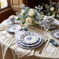 Assiettes en céramique imprimées de fleurs vintage modernes, vaisselle de luxe en porcelaine à bord festonné, ensembles de vaisselle pour restaurant, traiteur, mariage
