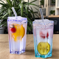 Mug en verre borosilicate de 300 ml, double paroi, en forme d'étoile à cinq branches, coloré, pour jus, lait, café, avec couvercle et paille