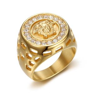 Men's Gold Plated <b>Titanium</b> Steel <b>Ring</b> With Lion Head And Diamond Pave Setting For Hip Hop Fashion Jewelry Gift - Product Image 5