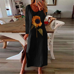 Robe <span class=keywords><strong>de</strong></span> maison pour femmes, tendance, col rond, manches courtes, en lin, motif tournesol, respirante - Product Image 6
